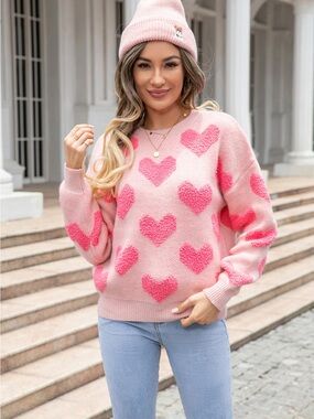 Chelsea & Theodore Pink Heart-Print Crewneck Sweater